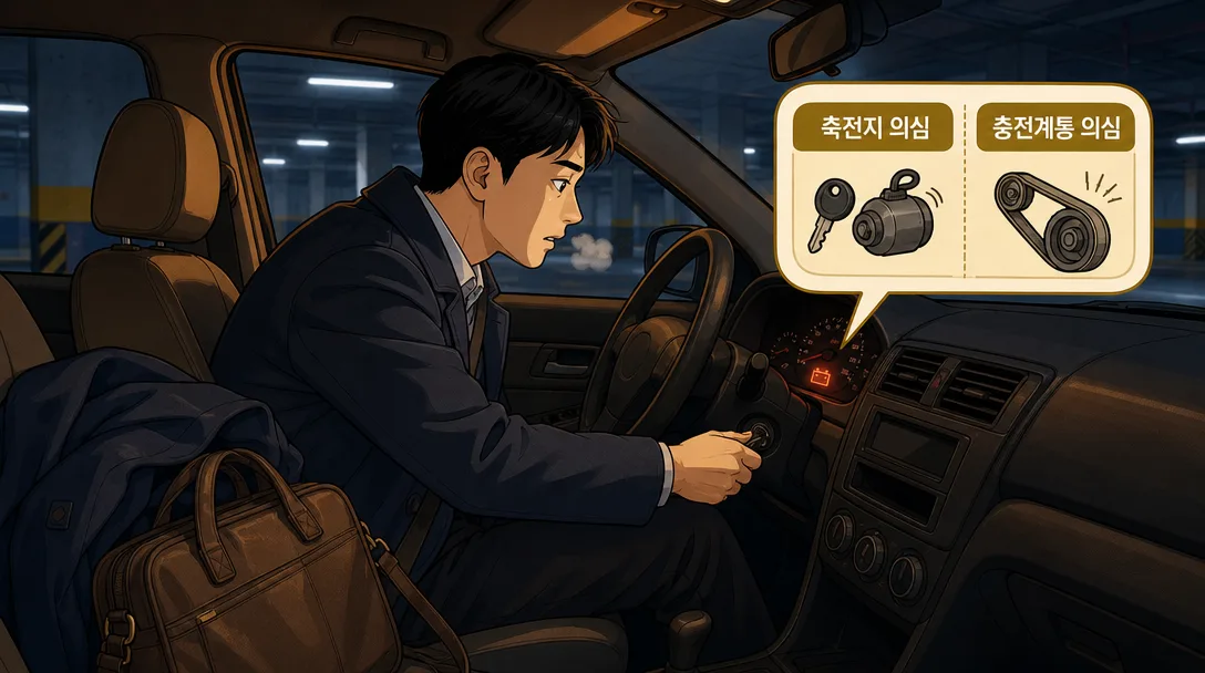 자동차 배터리 방전 신호를 시동 소리와 경고등으로 확인하는 운전자 일러스트