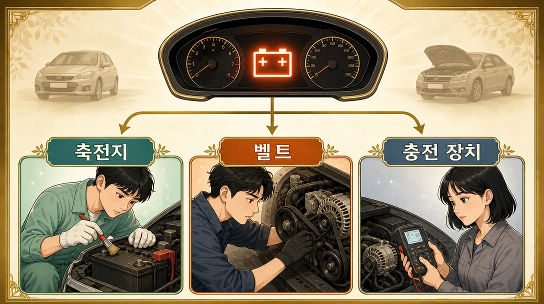 계기판 배터리 경고등이 알리는 세 갈래 원인을 세 사람이 각각 확인하는 분기 그림입니다.