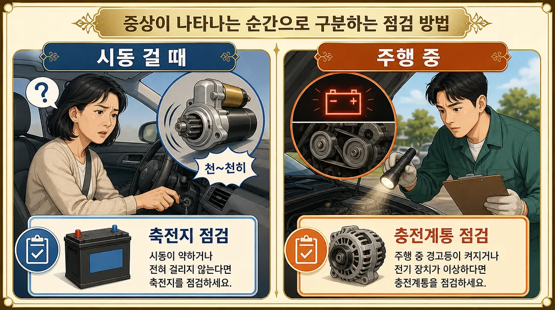 시동을 걸 때만 힘든 경우와 주행 중 경고등이 계속 켜지는 경우를 두 운전자가 나눠 보여 주는 비교 그림입니다.