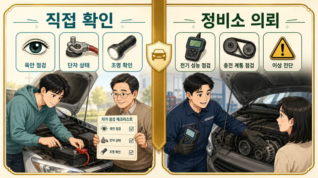 운전자가 직접 볼 수 있는 항목과 정비소에 맡겨야 하는 항목을 세 사람이 나누어 다루는 구분 그림입니다.