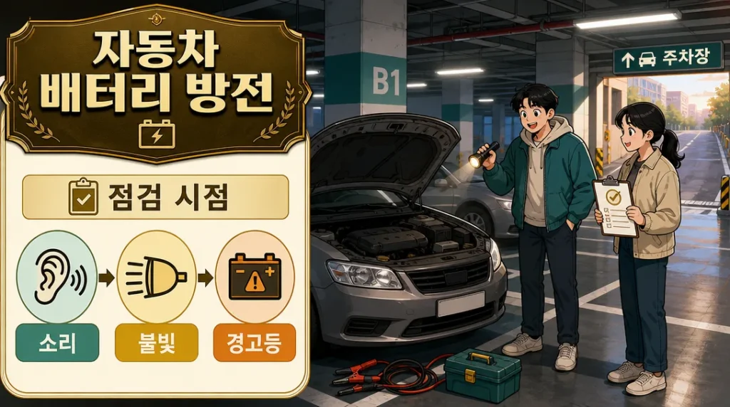 자동차 배터리 방전 전조 증상을 점검하는 지하 주차장 안내 일러스트
