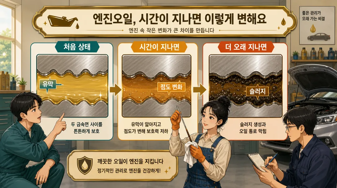 오일이 낡으면서 유막이 얇아지고 슬러지가 쌓이는 과정을 세 단계로 보여 주는 그림입니다.