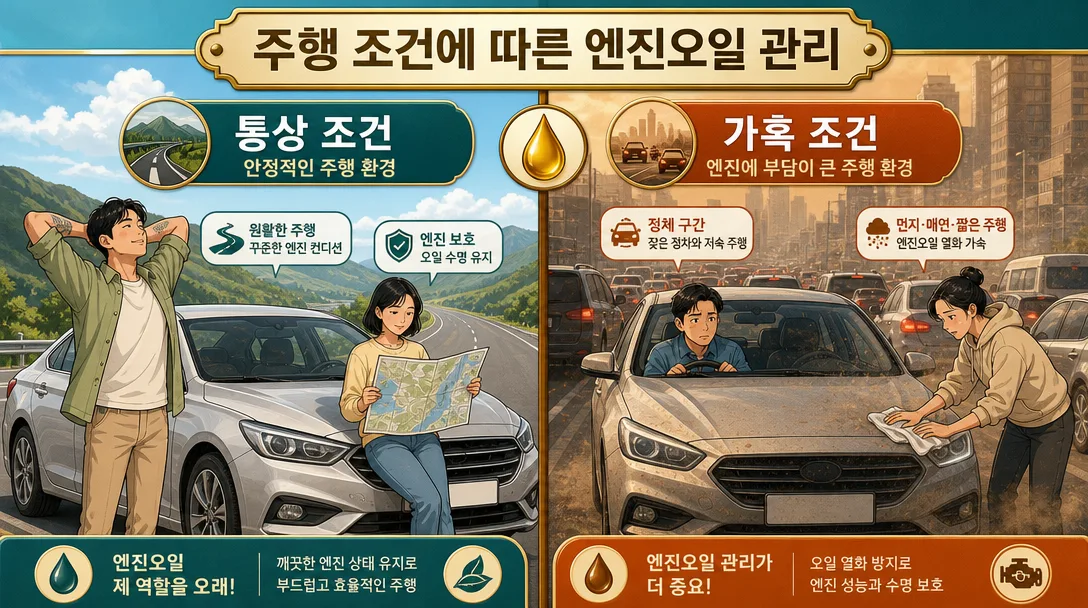 통상 조건과 가혹 조건의 주행 모습을 좌우로 나란히 비교한 그림입니다.