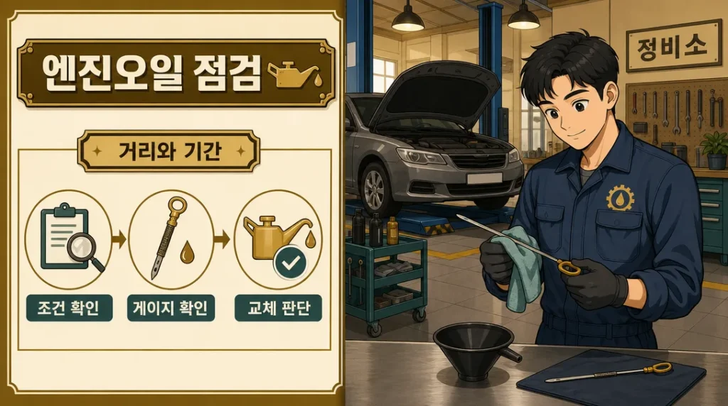 엔진오일 교체주기 점검 개념을 정리한 정비소 일러스트