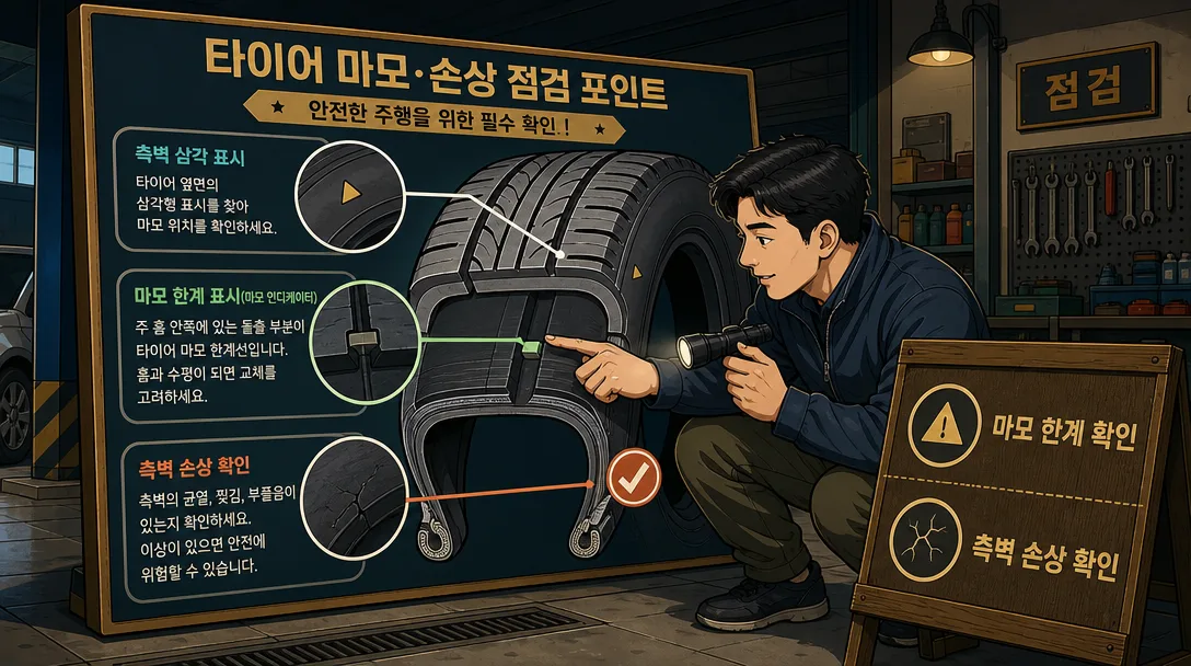 타이어 규격 표기와 마모 한계 확인 지점을 보여 주는 단면 다이어그램
