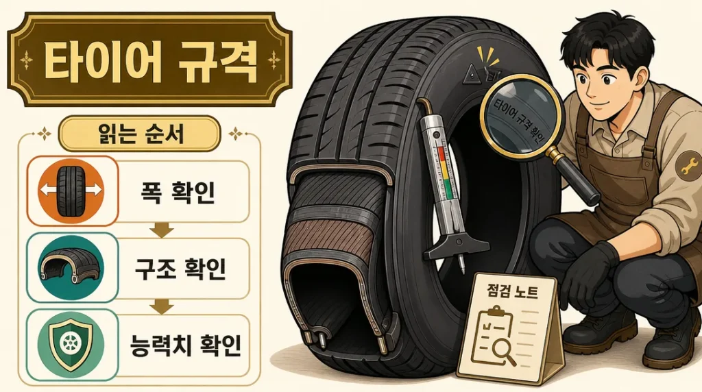 타이어 규격 표기를 읽는 순서를 정리한 인포그래픽 일러스트