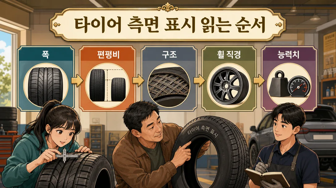 옆면 표기를 폭, 편평비, 구조, 휠 직경, 능력치 다섯 자리로 나눠 살펴보는 장면입니다.