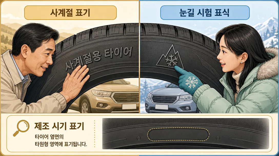 사계절 표기와 눈길 시험 표식의 차이를 두 사람이 나란히 비교하는 그림입니다.