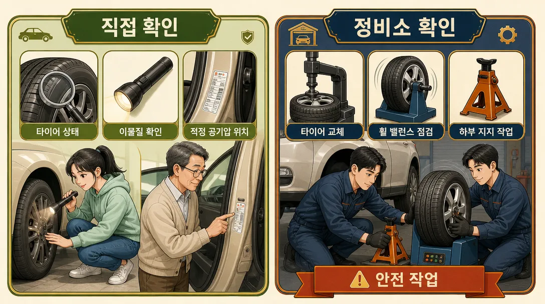 직접 확인해도 되는 항목과 정비소에 맡길 항목을 나눠 보여 주는 장면입니다.